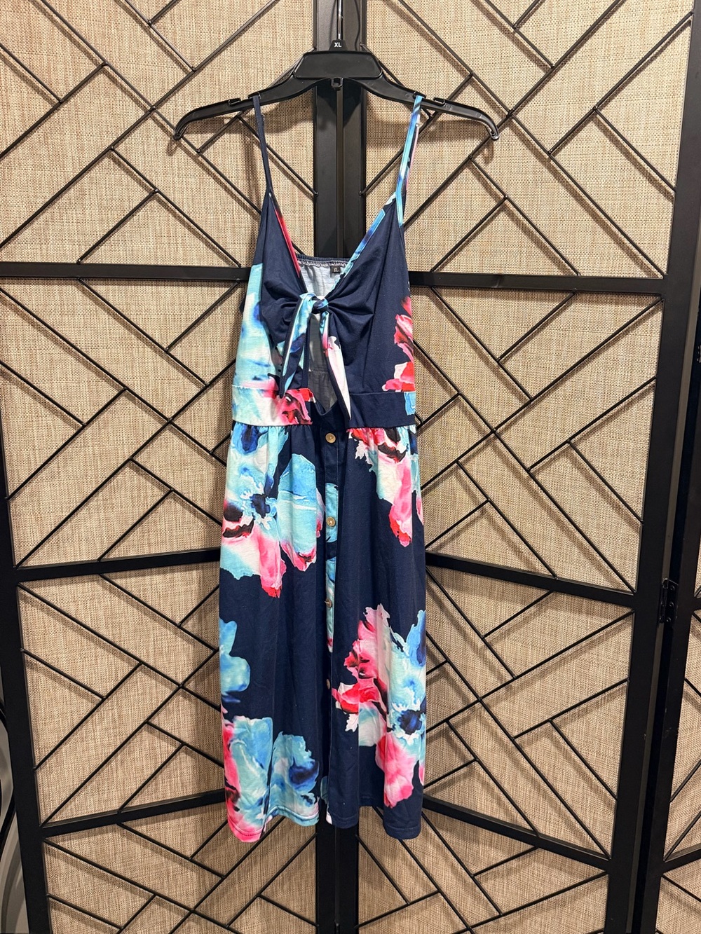 Spaghetti Strap Navy Floral Tie-Front Mini Dress w/ Pockets Keyhole Opening - XL